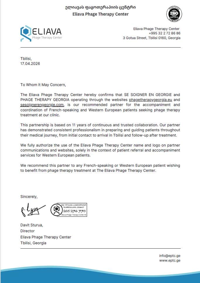 Carta oficial de colaboración entre el Eliava Phage Therapy Center y Phage Therapy Georgia, firmada por Davit Sturua, Director, abril de 2026